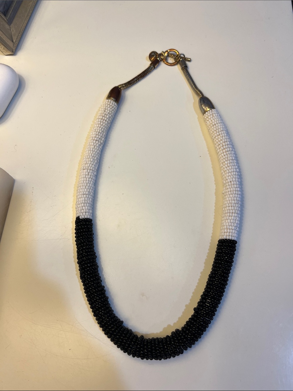 Black and White Beaded Rope Necklace with Gold-Tone Clasp